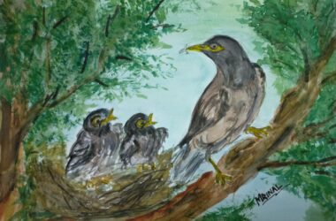 Mynah on tree painting by Mrinal